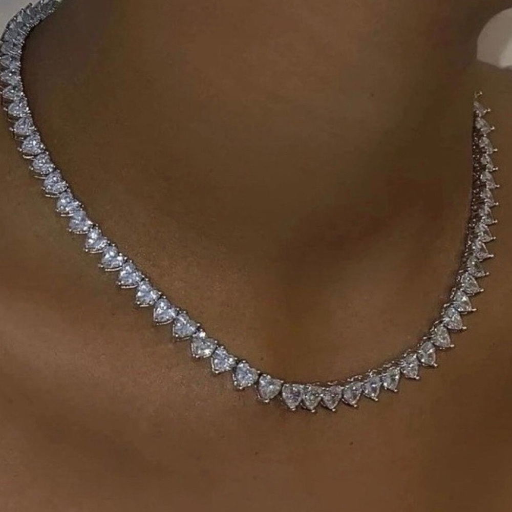 Gold Tone Heart Tennis Necklace 18” CZ